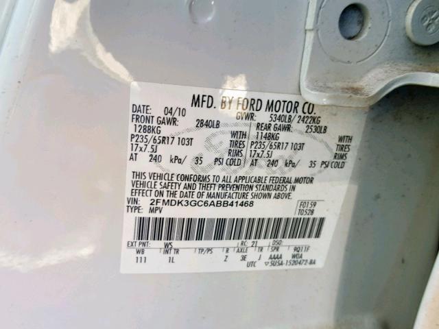 2FMDK3GC6ABB41468 - 2010 FORD EDGE SE WHITE photo 10