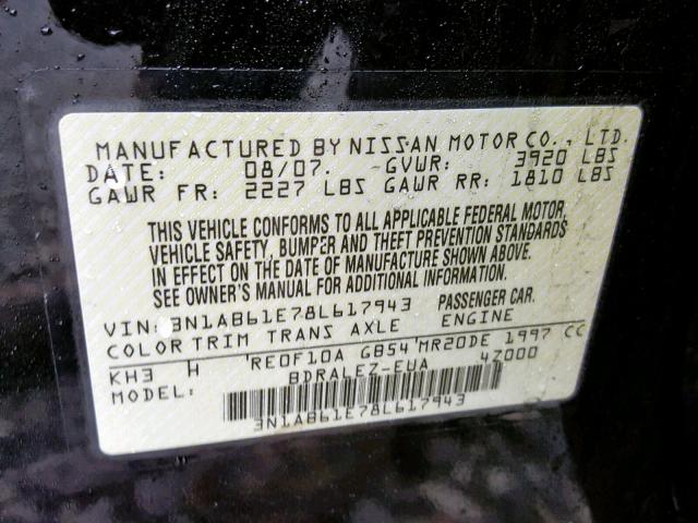 3N1AB61E78L617943 - 2008 NISSAN SENTRA 2.0 BLACK photo 10