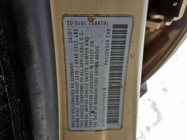 WVWTH63B41P292914 - 2001 VOLKSWAGEN PASSAT GLX 金色 照片 10