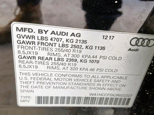 WA1HCCFSXJR022227 - 2018 AUDI Q3 PREMIUM BLACK photo 10