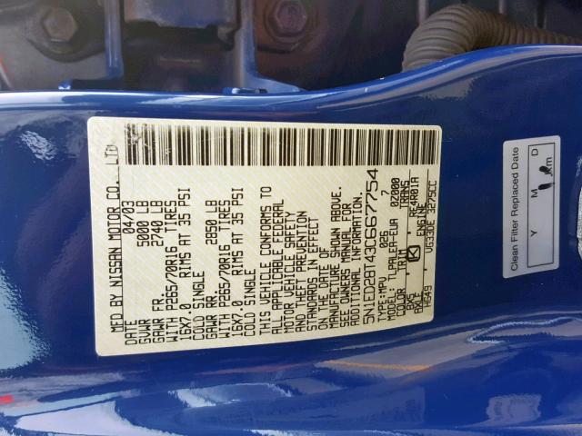 5N1ED28T43C667754 - 2003 NISSAN XTERRA XE BLUE photo 10