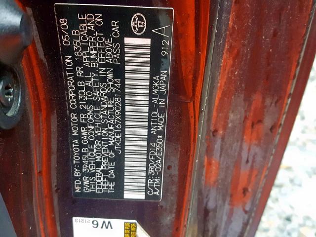 JTKDE167X90281744 - 2009 TOYOTA SCION TC RED photo 10