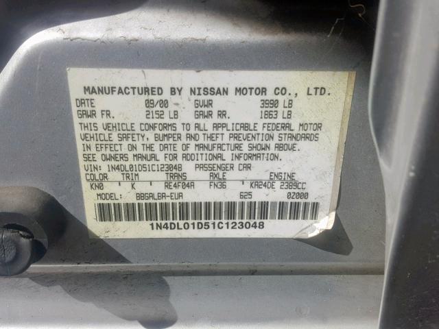 1N4DL01D51C123048 - 2001 NISSAN ALTIMA XE SILVER photo 10