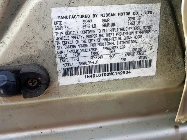 1N4DL01D0WC142534 - 1998 NISSAN ALTIMA XE GOLD photo 10