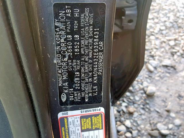 KNADN4A32E6398431 - 2014 KIA RIO EX GRAY photo 10