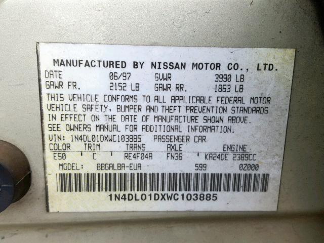 1N4DL01DXWC103885 - 1998 NISSAN ALTIMA XE GREEN photo 10