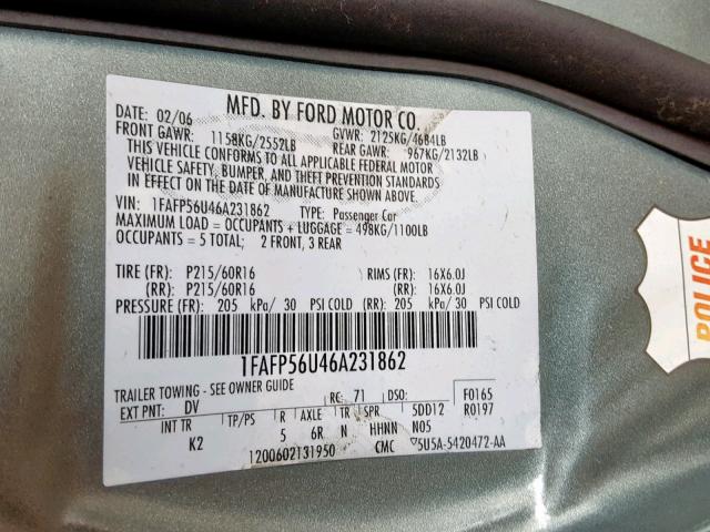 1FAFP56U46A231862 - 2006 FORD TAURUS SEL GREEN photo 10