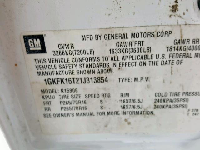 1GKFK16T21J313854 - 2001 GMC YUKON XL K WHITE photo 10