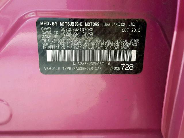 ML32A3HJ3FH057116 - 2015 MITSUBISHI MIRAGE DE PINK photo 10