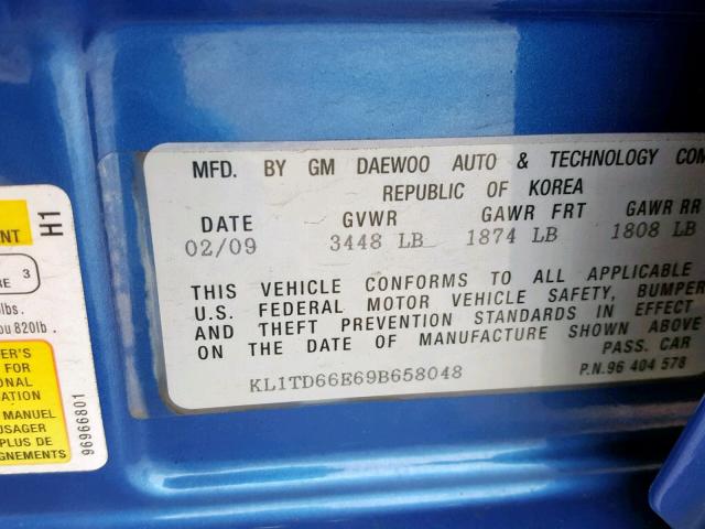 KL1TD66E69B658048 - 2009 CHEVROLET AVEO LS BLUE photo 10