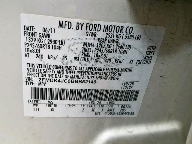 2FMDK4JC6BBB52146 - 2011 FORD EDGE SEL WHITE photo 10