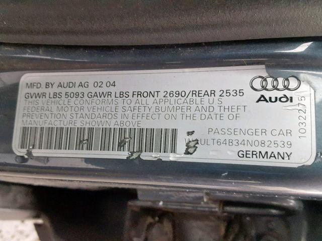 WAULT64B34N082539 - 2004 AUDI A6 3.0 QUA GRAY photo 10