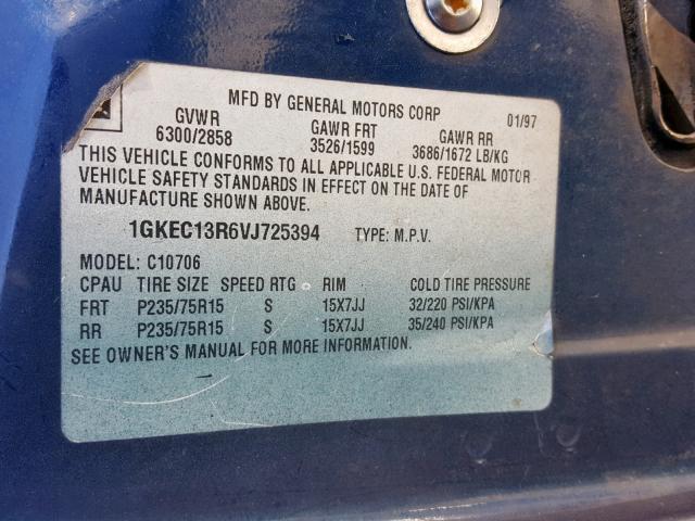 1GKEC13R6VJ725394 - 1997 GMC YUKON BLUE photo 10