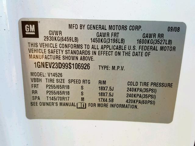 1GNEV23D99S106926 - 2009 CHEVROLET TRAVERSE L WHITE photo 10