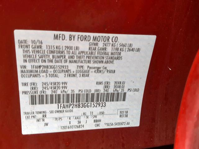 1FAHP2H83GG152933 - 2016 FORD TAURUS SEL RED photo 10