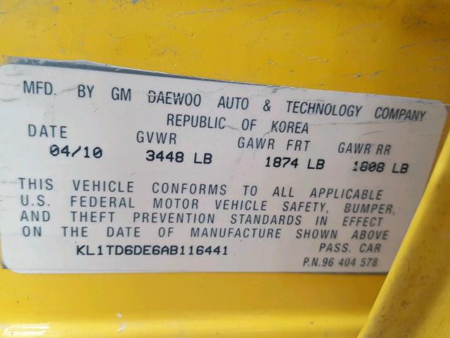 KL1TD6DE6AB116441 - 2010 CHEVROLET AVEO LS YELLOW photo 10