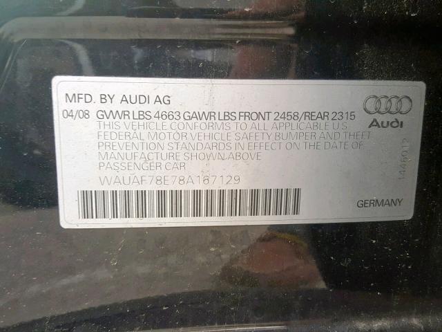 WAUAF78E78A167129 - 2008 AUDI A4 2.0T BLACK photo 10