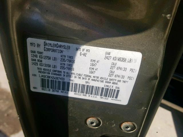 1J4GK38K42W367459 - 2002 JEEP LIBERTY RE TAN photo 10