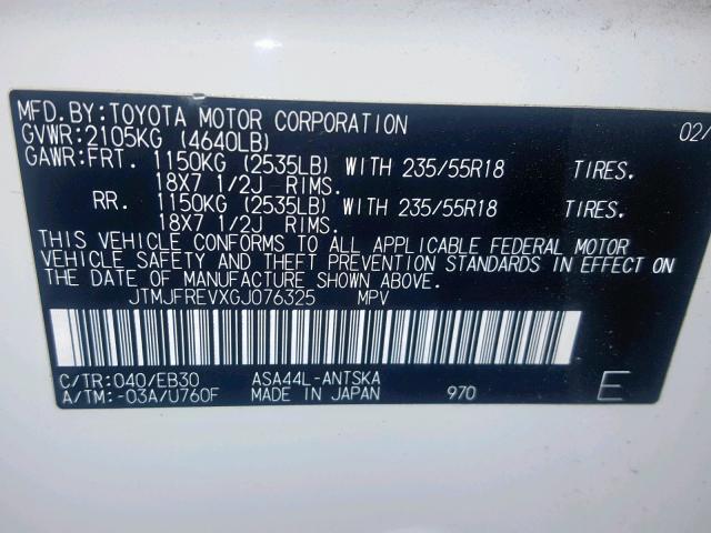 JTMJFREVXGJ076325 - 2016 TOYOTA RAV4 SE WHITE photo 10