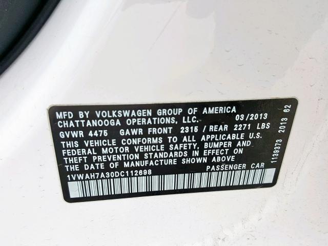 1VWAH7A30DC112698 - 2013 VOLKSWAGEN PASSAT S WHITE photo 10