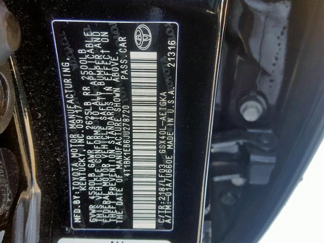 4T1BK1EB6JU278720 - 2018 TOYOTA AVALON XLE BLACK photo 10