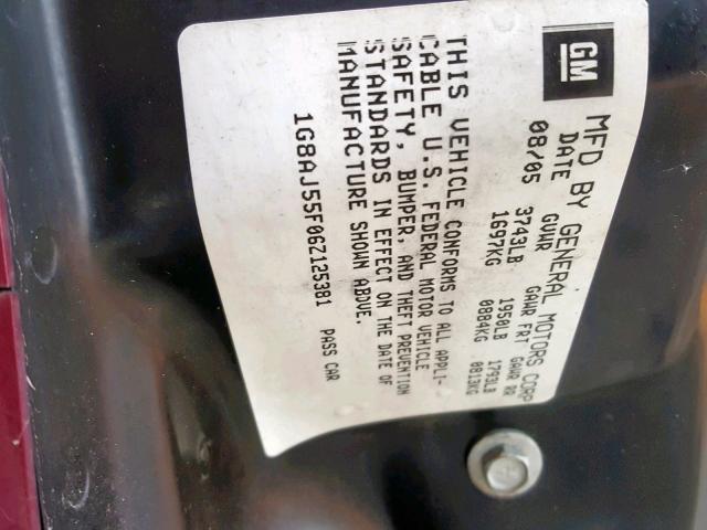 1G8AJ55F06Z125381 - 2006 SATURN ION LEVEL MAROON photo 10