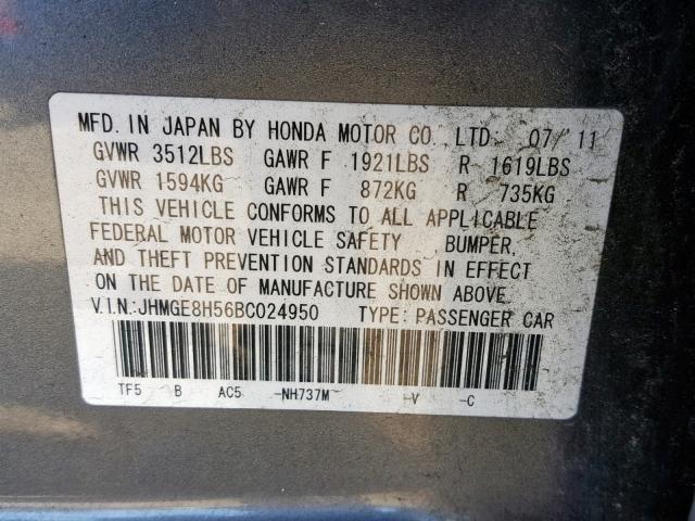 JHMGE8H56BC024950 - 2011 HONDA FIT SPORT GRAY photo 10