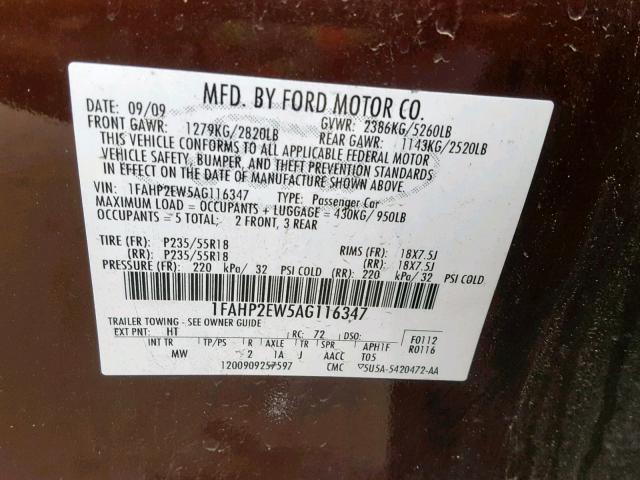 1FAHP2EW5AG116347 - 2010 FORD TAURUS SEL MAROON photo 10