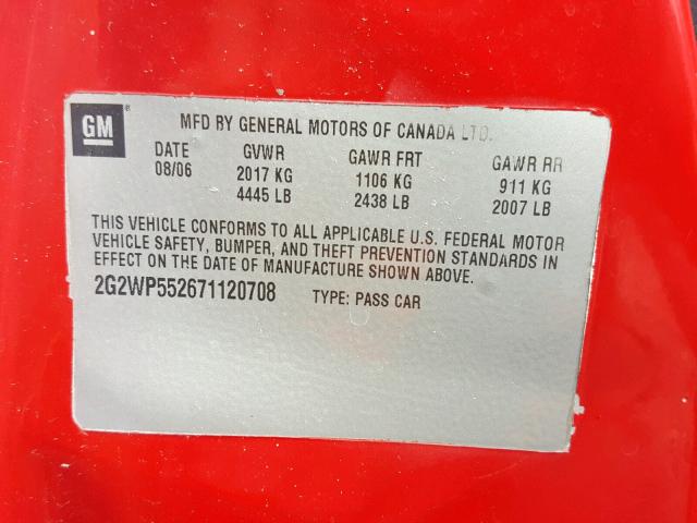 2G2WP552781127314 - 2008 PONTIAC GRAND PRIX RED photo 10