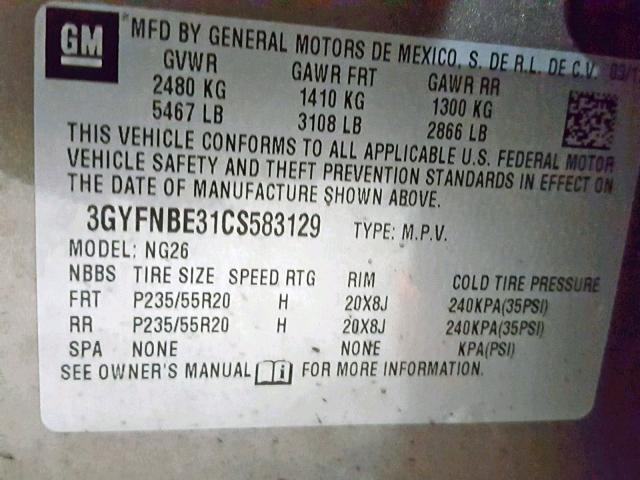 3GYFNBE31CS583129 - 2012 CADILLAC SRX PERFOR GOLD photo 10