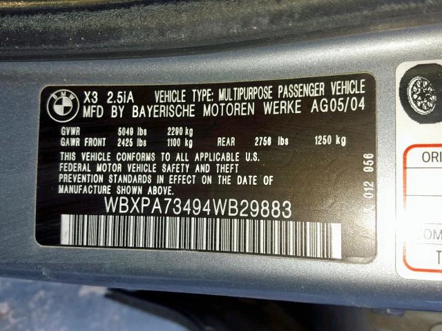 WBXPA73494WB29883 - 2004 BMW X3 2.5I BLUE photo 10