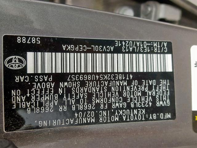 4T1BE32K54U869357 - 2004 TOYOTA CAMRY LE GRAY photo 10