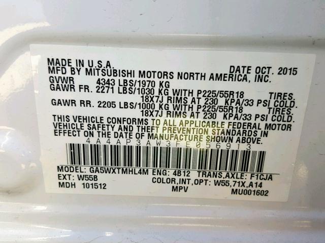 4A4AP3AW3FE056913 - 2015 MITSUBISHI OUTLANDER WHITE photo 10