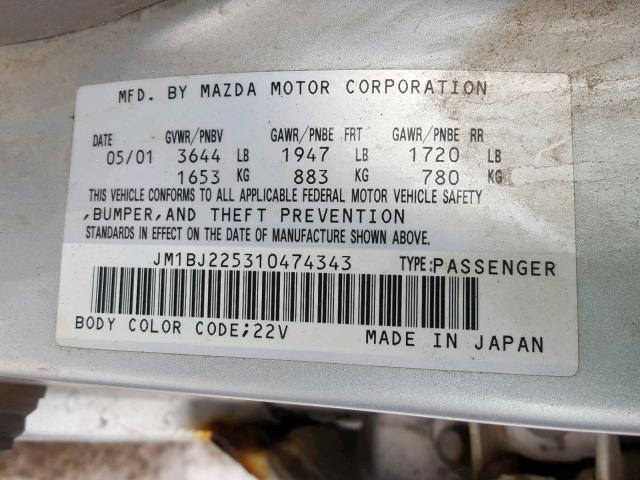 JM1BJ225310474343 - 2001 MAZDA PROTEGE LX SILVER photo 10