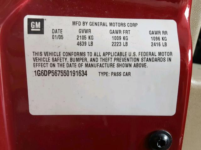 1G6DP567550191634 - 2005 CADILLAC CTS HI FEA RED photo 10