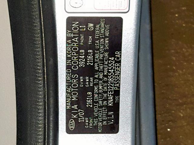 KNAFE122185545524 - 2008 KIA SPECTRA EX BLUE photo 10