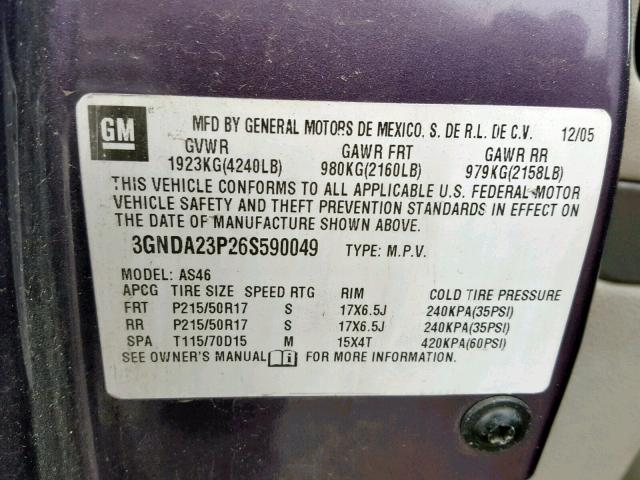 3GNDA23P26S590049 - 2006 CHEVROLET HHR LT PURPLE photo 10