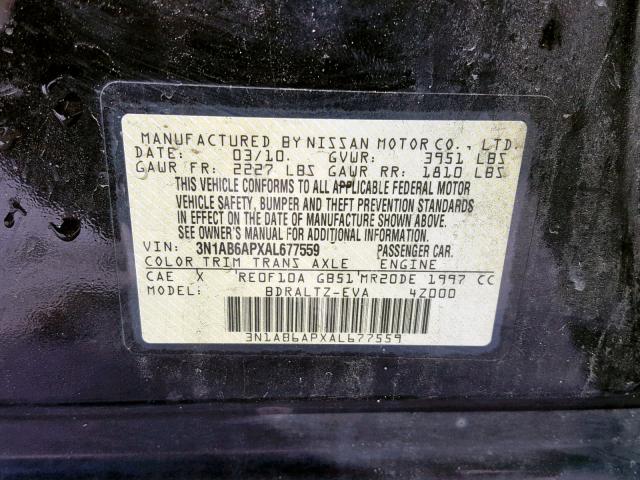 3N1AB6APXAL677559 - 2010 NISSAN SENTRA 2.0 BLACK photo 10