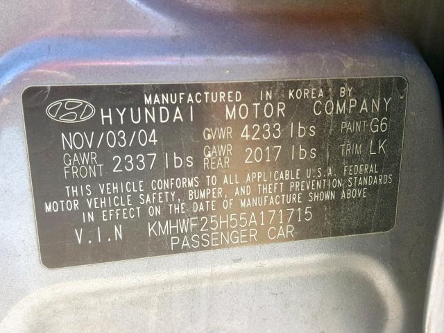 KMHWF25H55A171715 - 2005 HYUNDAI SONATA GL SILVER photo 10