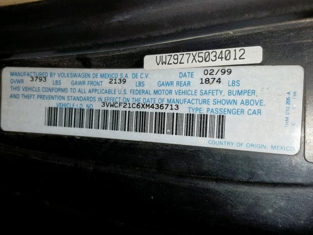 3VWCF21C6XM436713 - 1999 VOLKSWAGEN NEW BEETLE Qara foto 10