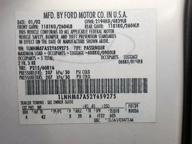 1LNHM87A52Y659275 - 2002 LINCOLN LS WHITE photo 10