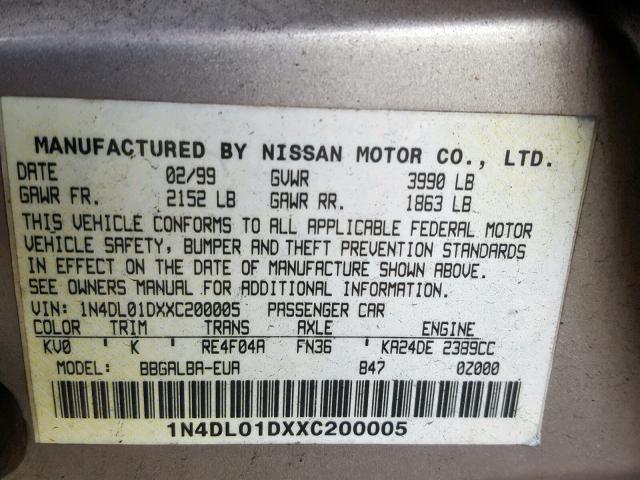 1N4DL01DXXC200005 - 1999 NISSAN ALTIMA XE SILVER photo 10