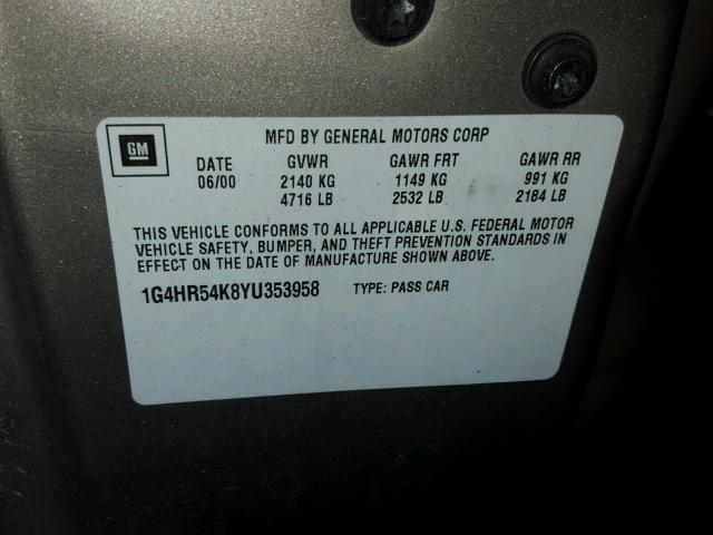 1G4HR54K8YU353958 - 2000 BUICK LESABRE LI TAN photo 10