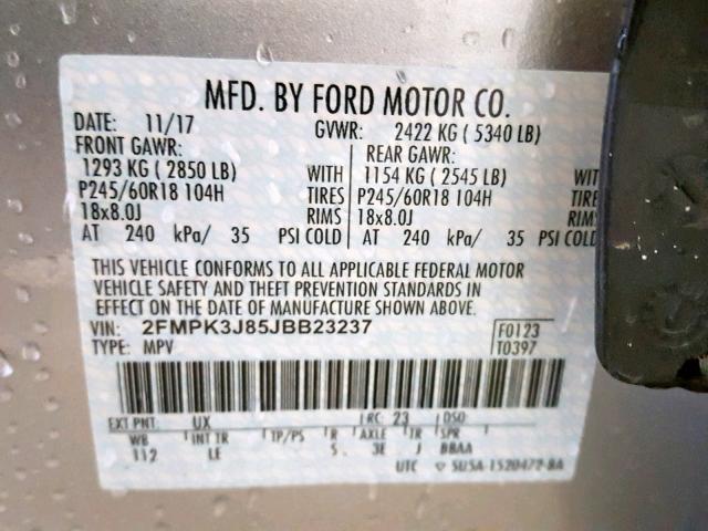 2FMPK3J85JBB23237 - 2018 FORD EDGE SEL SILVER photo 10