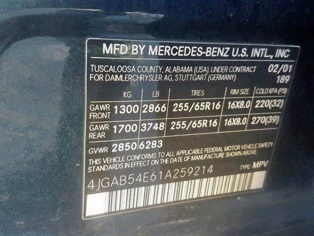 4JGAB54E61A259214 - 2001 MERCEDES-BENZ ML 320 BLACK photo 10