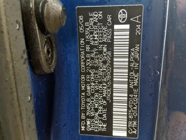 JTKDE167890279958 - 2009 TOYOTA SCION TC ლურჯი ფოტო 10