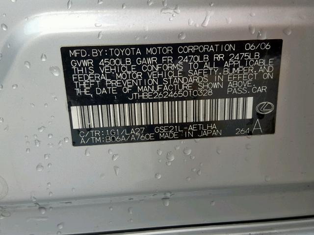 JTHBE262465010328 - 2006 LEXUS IS 350 SILVER photo 10