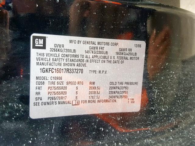 1GKFC16017R337270 - 2007 GMC YUKON XL C BLACK photo 10