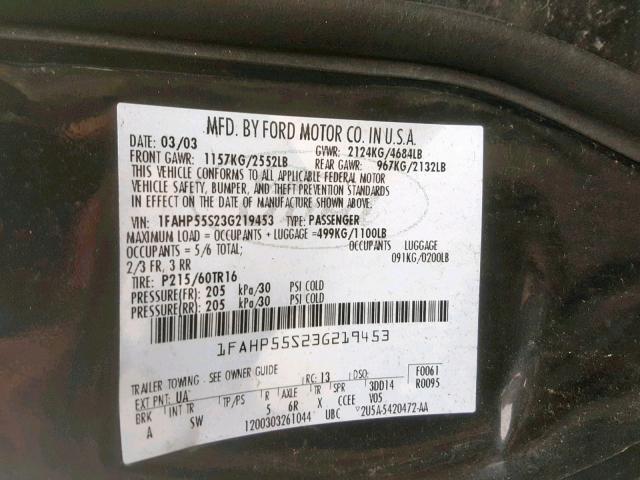 1FAHP55S23G219453 - 2003 FORD TAURUS SES BLACK photo 10