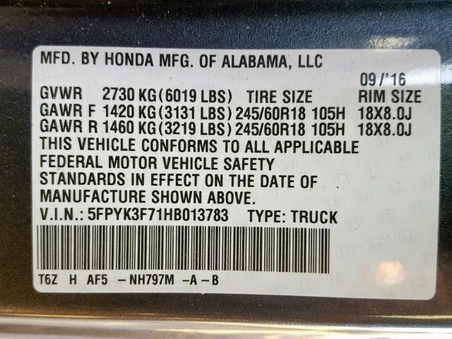 5FPYK3F71HB013783 - 2017 HONDA RIDGELINE GRAY photo 10